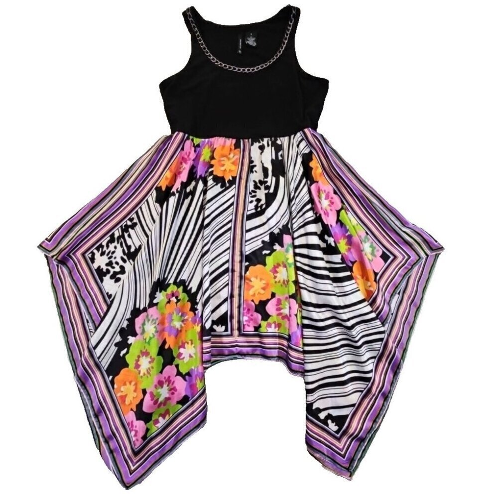 New Directions Halter Scarf Dress Women's‎ Size Small Black Floral Stripes Chain
